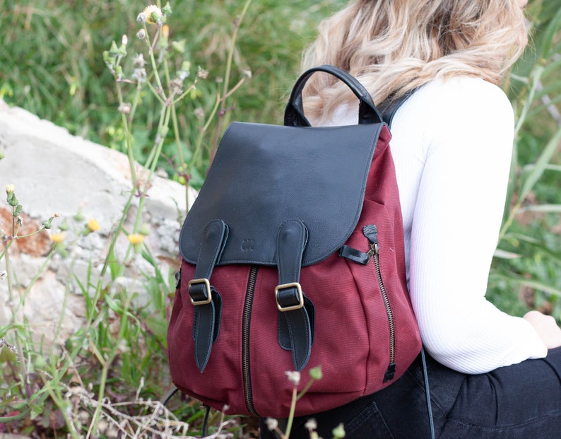 Backpack in burgundy waxed canvas and black leather, travel gift for her women pocket bag rucksack everyday back bag Artemis backpack image 1