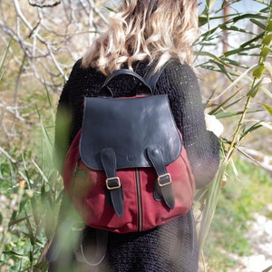 Backpack in burgundy waxed canvas and black leather, travel gift for her women pocket bag rucksack everyday back bag Artemis backpack image 5