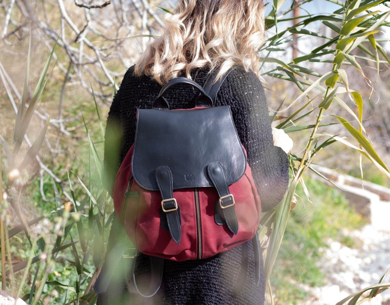 Backpack in burgundy waxed canvas and black leather, travel gift for her women pocket bag rucksack everyday back bag Artemis backpack image 5