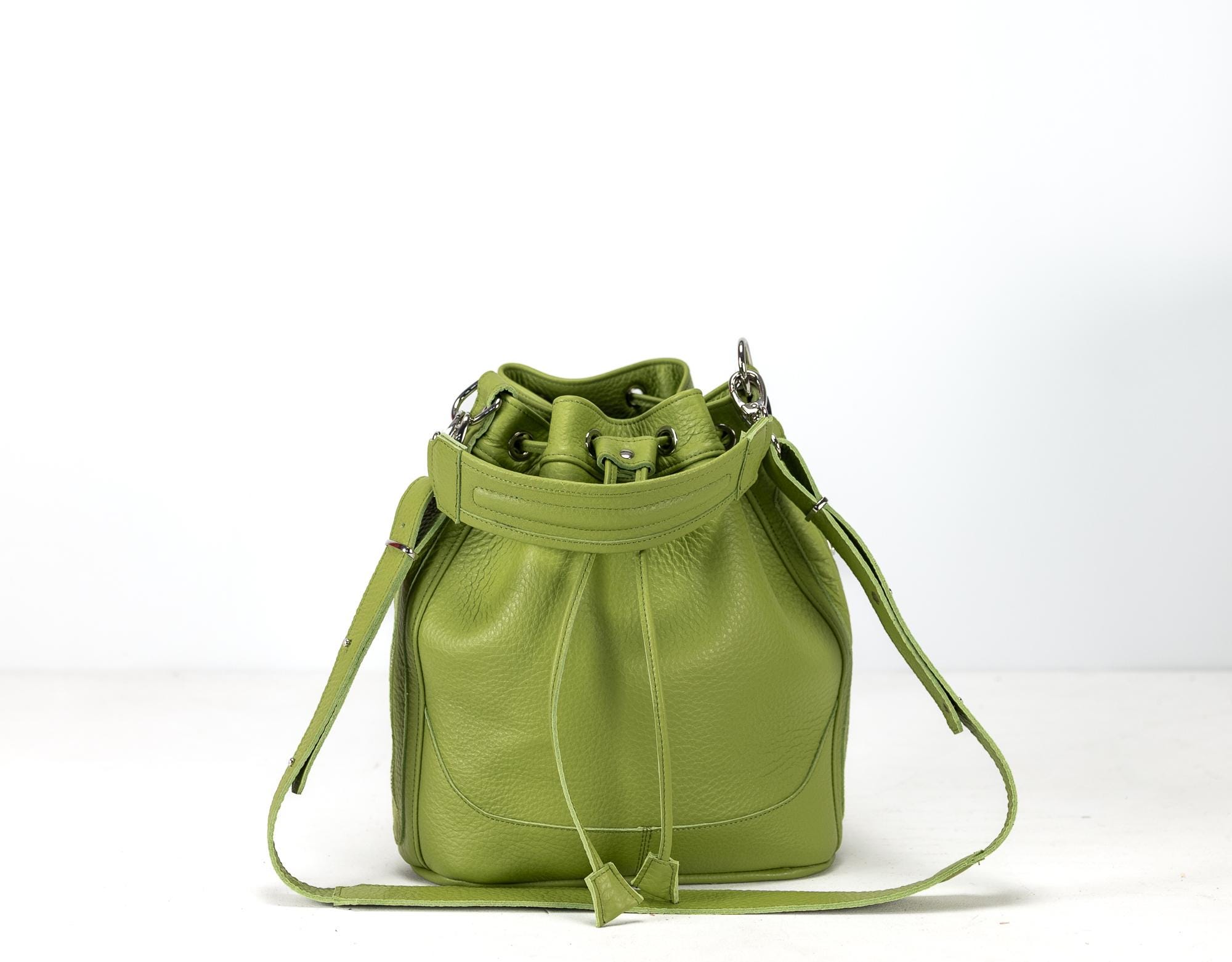 Lime Green Leather Bucket Bag: Drawstring Cinch Bag  display picture 2