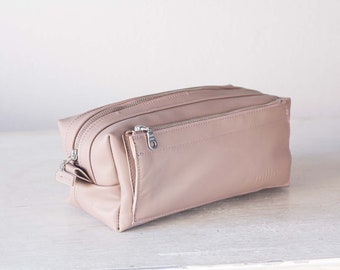 Beige pink leather travel case, storage organizer zipper pouch accessory toiletry case gift for mum - Skiron travel case