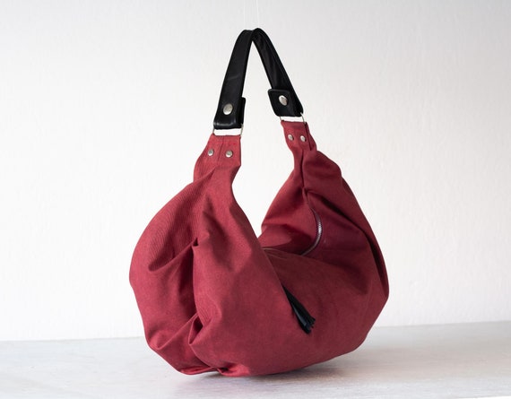 Burgundy canvas hobo bag with black leather handles everyday | Etsy