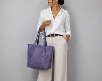 Dusty Lavender Leather Tote Bag, Zipper Work Tote, Purple Unlined Shoulder Purse for Women, Laptop Bag 14", Minimalist - Calisto bag