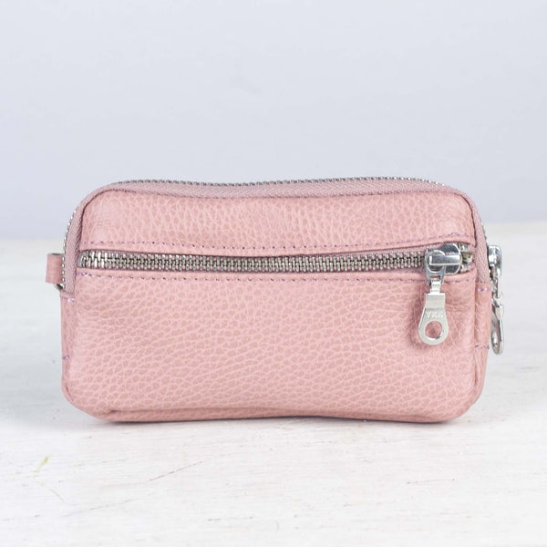 Dusty pink  leather front pocket wallet, coin pouch zipper wallet phone case money bag iphone case credit card - The Antheia Zipper pouch