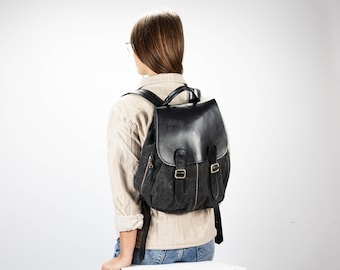 Backpack in black leather and stonewashed canvas, travel pocket bag rucksack knapsack gift for her everyday back women - Artemis backpack
