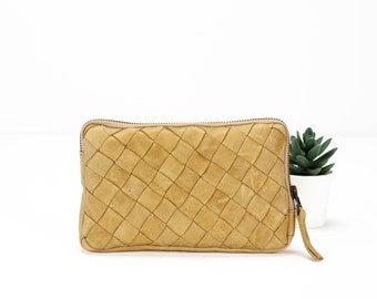 Natural Brown leather hand woven zippered wallet, clutch purse zipper phone case money bag phone case purse handbag -The Chloe wallet clutch
