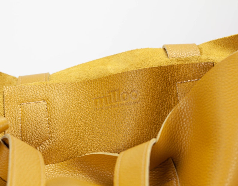 Yellow soft leather tote bag, raw edge leather purse shopper bag shoulder womens large market bag unlined leather tote Calisto bag image 6