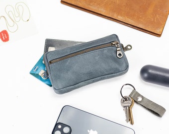 Blue distressed leather pocket wallet, coin pouch zipper wallet phone case money bag iPhone case credit card gift - The Antheia Zipper pouch