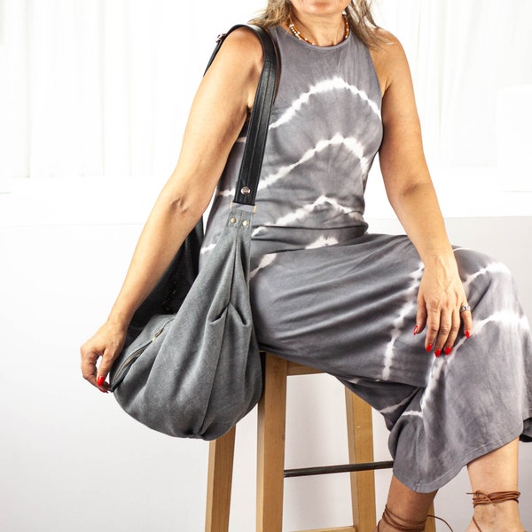 Grey crossover canvas bag with black leather strap, hobo purse crossbody bag boho style slouchy messenger shoulder bag -Crossbody Kallia bag
