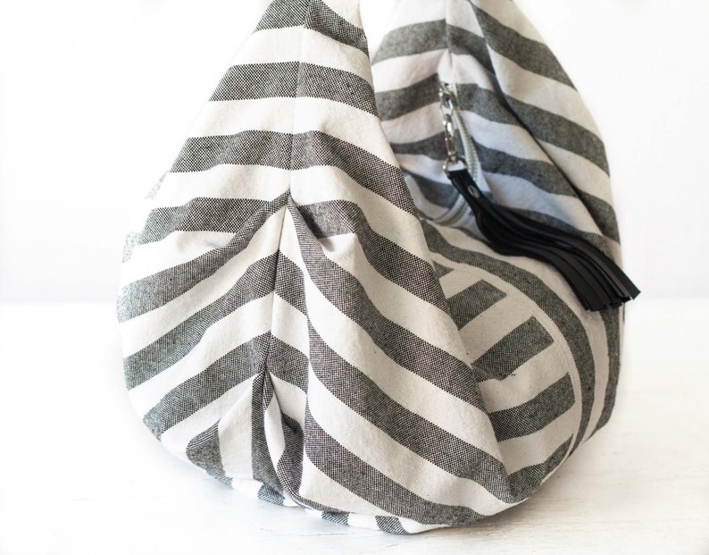 Hobo bag in stripe canvas and leather, boho style slouchy purse handbag cotton summer purse everyday purse gift for her Mini Kallia bag image 5