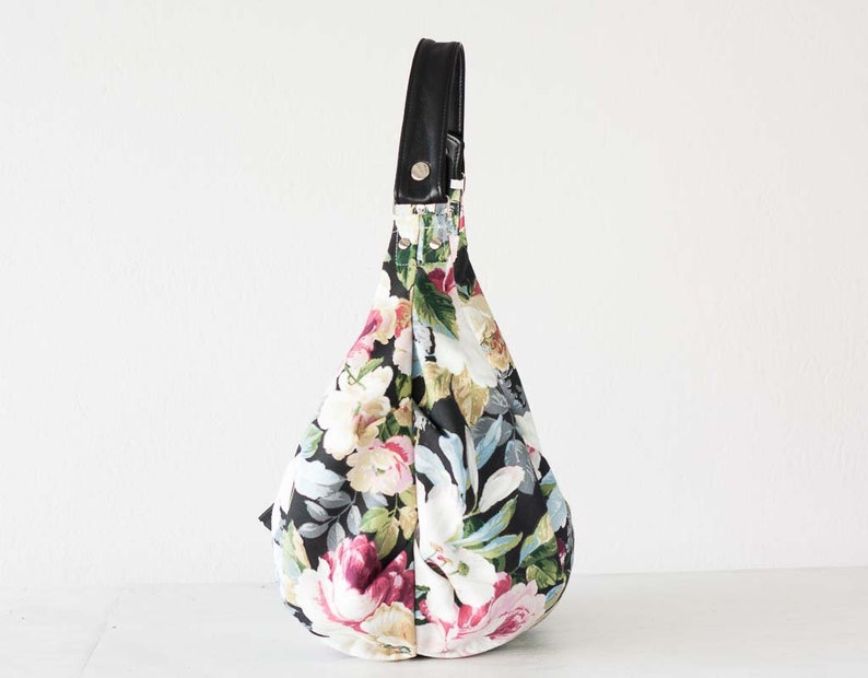 Floral hobo bag with canvas and black leather, cotton purse flower bag slouchy bag canvas everyday bag mothers day gift Mini Kallia bag image 6