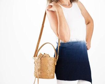 Caramel mini bucket bag in pebbled leather, drawstring bag small purse women bag crossbody bag purse crossover purse - Helon mini bucket bag