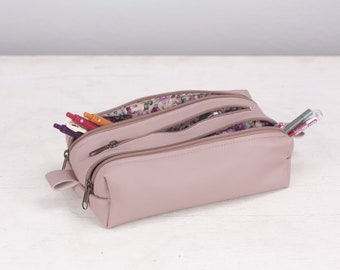 2REC case - Large beige pink leather large pencils case, makeup bag rectangular accessory bag purse glasses markers zipper gift for her
