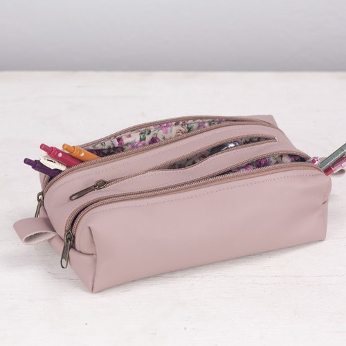 Pink Beige Leather Makeup Bag Accessory Bag Pencil Case Etsy