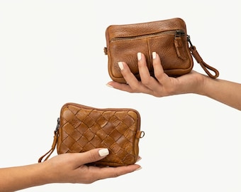 Brown pebbled leather small wallet, coin pouch zipper pocket passport hand woven slim wallet credit cards case gift- The mini Antheia wallet