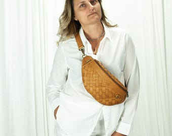 Fanny pack in tabac brown hand woven leather, large waist belt hip bag bum bag sling bumbag Christmas gift - Haris fanny pack