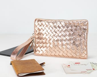 Woven Leather Tablet Clutch – Rose Gold Handwoven Oversized Clutch with Detachable Wristlet,  Gift for Her - Athena Tablet Clutch