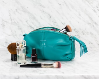 Turquoise leather makeup bag, cosmetic bag pencil case jewelry case travel bag vanity storage travel bag toiletry case - Ariadne makeup bag