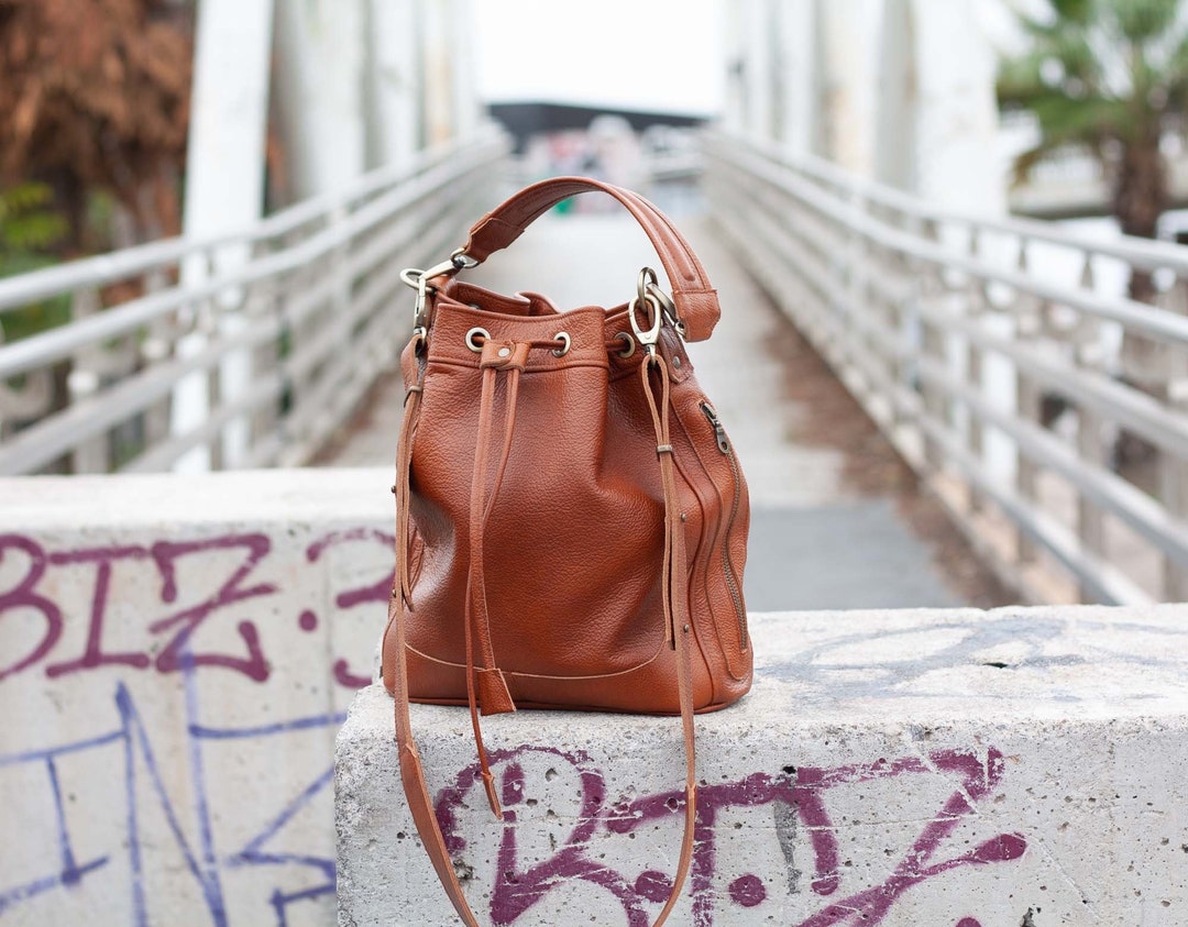 Brown Leather Bucket Bag Drawstring Bag Medium Purse Womens