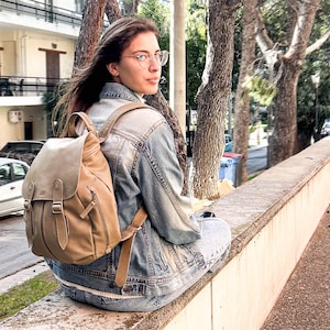 Leather backpack in khaki green for women, travel backpack pocket bag mini gift for her back bag everyday back purse - Artemis backpack image 1
