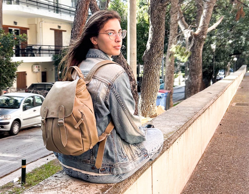 Leather backpack in khaki green for women, travel backpack pocket bag mini gift for her back bag everyday back purse - Artemis backpack image 1