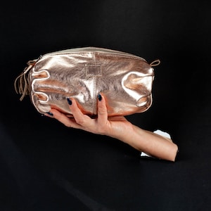 Gold coated leather clutch purse, metallic makeup bag zipper cosmetic bag toiletry storage accessory bag pencil case - Ariadne makeup bag