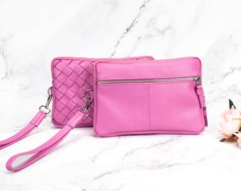 Leather wristlet large wallet in bubble pink, hand woven clutch purse zipper handbag for women gift for her - The Antheia wallet