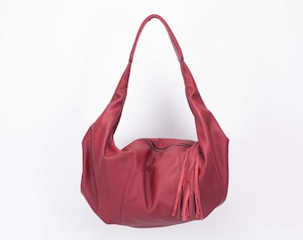 Deep red leather hobo bag, shoulder purse small shoulder bag hobo purse  black bag everyday purse gift for wife - Mini Kallia bag