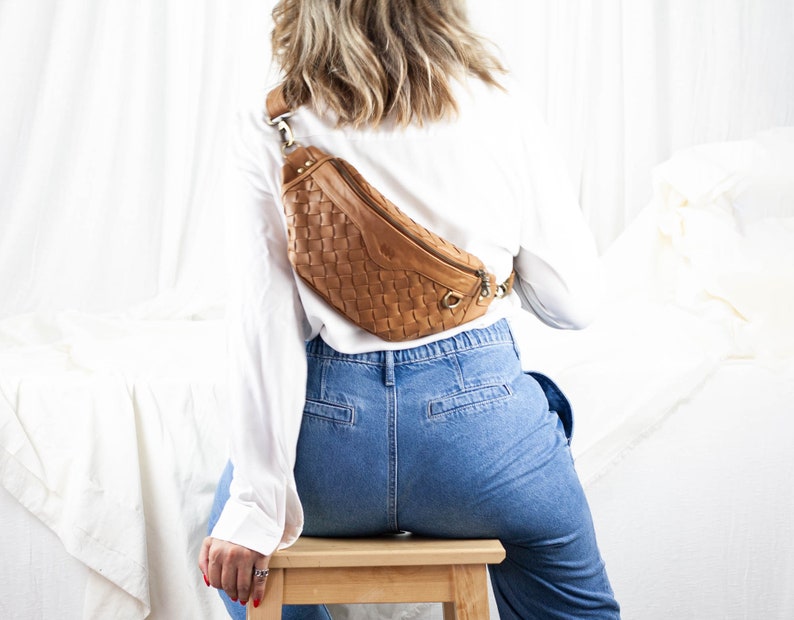 Fanny pack in milk coffee brown hand woven leather, large waist belt hip bag bum bag sling bumbag mothers day gift Haris fanny pack image 4