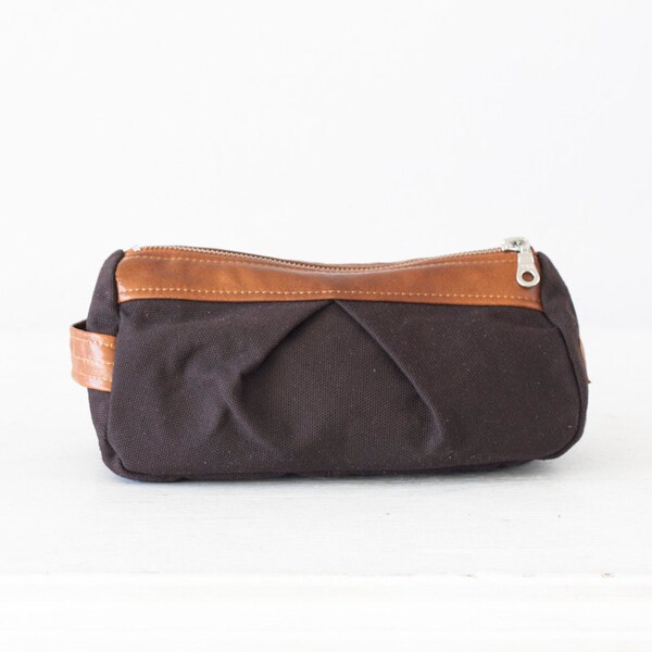 Brown toiletry case with brown leather, makeup storage case makeup case accessory bag case pouch zipper case - Estia Bag