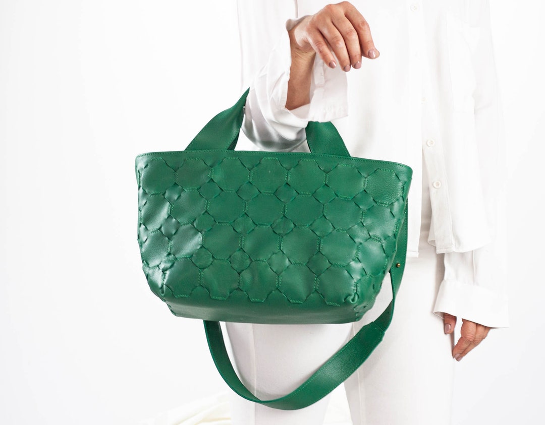 Leather Hand Woven Purse in Jade Green Leather, Over the