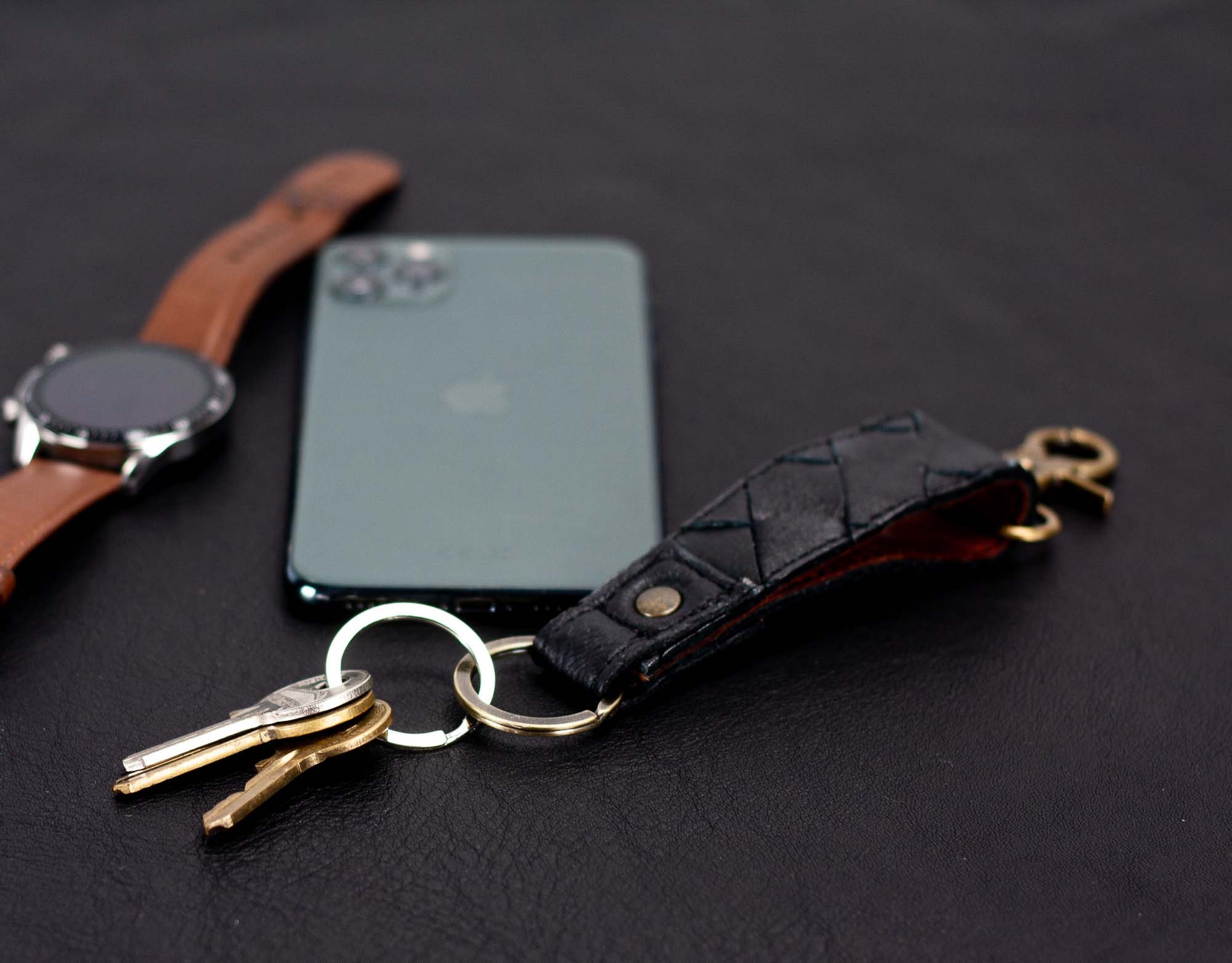 Black Leather Hand Woven Key Fob Clip, Keyring Loop Key