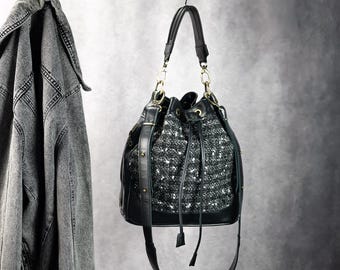 Black Leather and Tweed Drawstring Duffle Shoulder Bag-2 - Etsy display picture 3