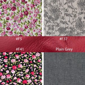 K&ouml;nnte beinhalten: Eine Auswahl an Stoffmustern. Oben links ein wei&szlig;er Hintergrund mit rosa und lila Blumenmuster. Oben rechts ein graues Blumenmuster. Unten links ein schwarzer Hintergrund mit rosa und roten Rosen. Unten rechts ein dunkelgrauer, strukturierter Stoff.