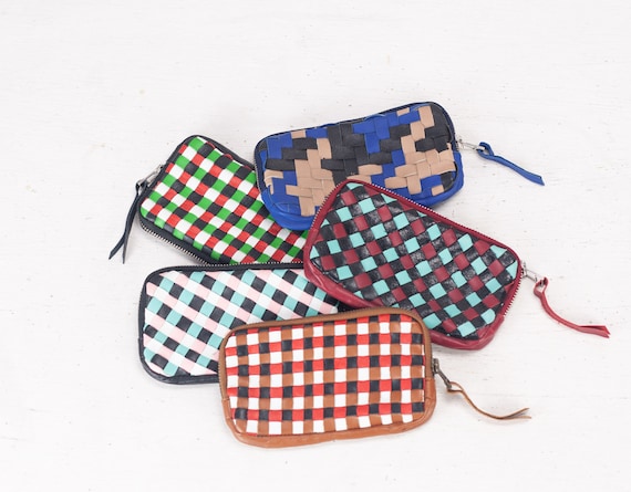 Hand woven leather zipper pouch, coin purse zipper phone case iphone 11 pro max case credit card zip purse handbag gift for her