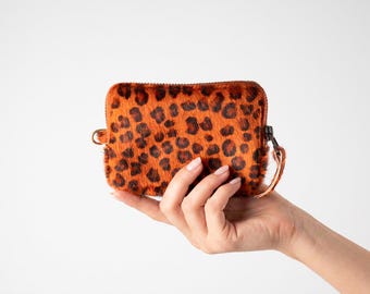 Orange leopard print pony hair leather wallet, coin purse zipper phone pouch money bag credit card zip purse  - The Myrto Zipper pouch