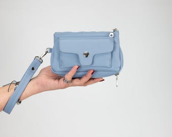 Light Blue Leather Wristlet Wallet – Mini pouch with Wrist Strap – Compact Card Holder & Cash Pouch - Passport travel wallet - Thalia wallet