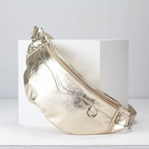 Fanny pack in Silver or Rose gold coated leather, metallic chest bag moon hip bag large waist belt bag mothers day gift Haris fanny pack Yellow Gold