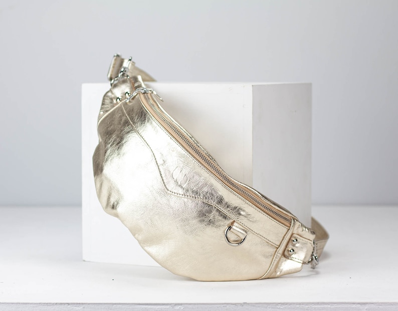 Fanny pack in Silver or Rose gold coated leather, metallic chest bag moon hip bag large waist belt bag mothers day gift Haris fanny pack Yellow Gold