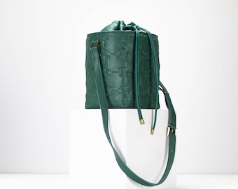 Petrol grüne quadratische Beuteltasche aus genarbtem Leder, Zugbeutel mittelgroße Geldbörse Damentasche Crossbody-tasche Crossover-Geldbeutel - Helon Bucket Bag