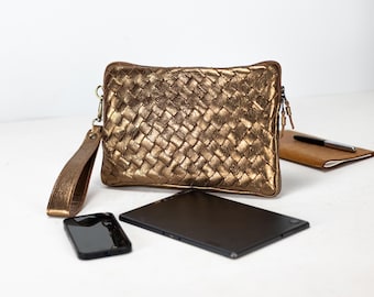 Woven Leather Tablet Clutch – Brass Handwoven Oversized Clutch with Detachable Wristlet,  Gift for Her - Athena Tablet Clutch