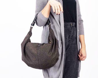 Hobo bag in brown herringbone wool and black leather, slouch shoulder purse everyday bag boho style gift for her - Mini Kallia bag
