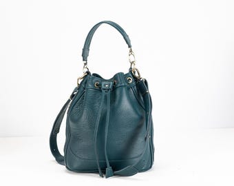 Midnight Green Leather Bucket Bag: Drawstring Crossbody Purse - Danae Bag