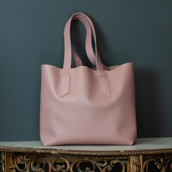 Raw edge dusty pink leather tote shoulder bag, pebbled purse shopper bag shoulder women large market bag unlined leather tote  - Calisto bag