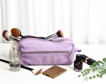 Lilac leather pencils case, makeup pouch cosmetics rectangular accessory bag purse case glasses stationery zipper pouch gift -The Brick case