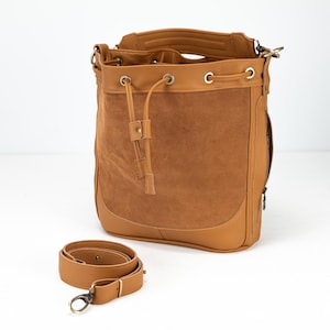 Brown leather bucket bag, drawstring bag medium purse womens cinch bag  crossbody messenger bag purse crossover small purse - Danae bag