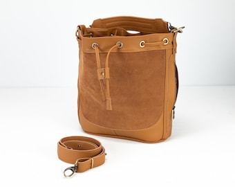 Bruine suède leren buckettas, tas met trekkoord middelgrote portemonnee dames cinchtas crossbody schoudertas crossover kleine portemonnee - Danae-tas