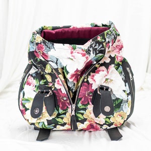 Backpack in floral canvas and black leather, travel backpack canvas rucksack knapsack everyday flower back bag women Artemis backpack image 6