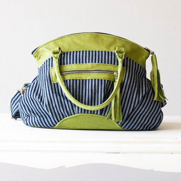 Messenger bag ,shoulder bag ,purse in Stripe cotton denim and light Green leather - Arethusa bag