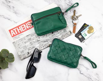 Leather Zipper Small Wallet – Grass Green Card Holder, Slim Coin Purse, Small Passport Pouch - Antheia Mini Wallet